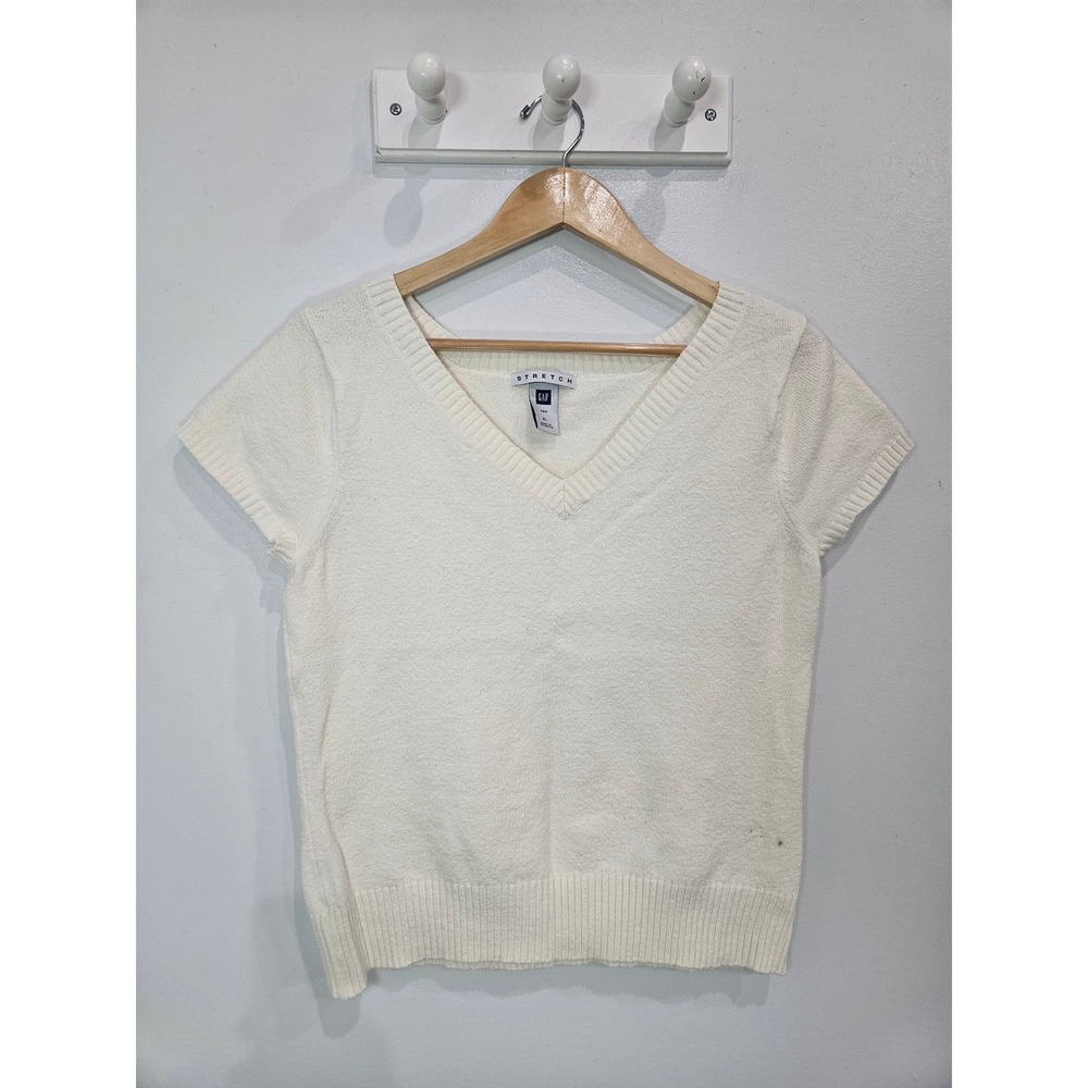 Gap Stretch Womens XL Cream White V-Neck Short Sleeve Cotton Blend Knit Sweater